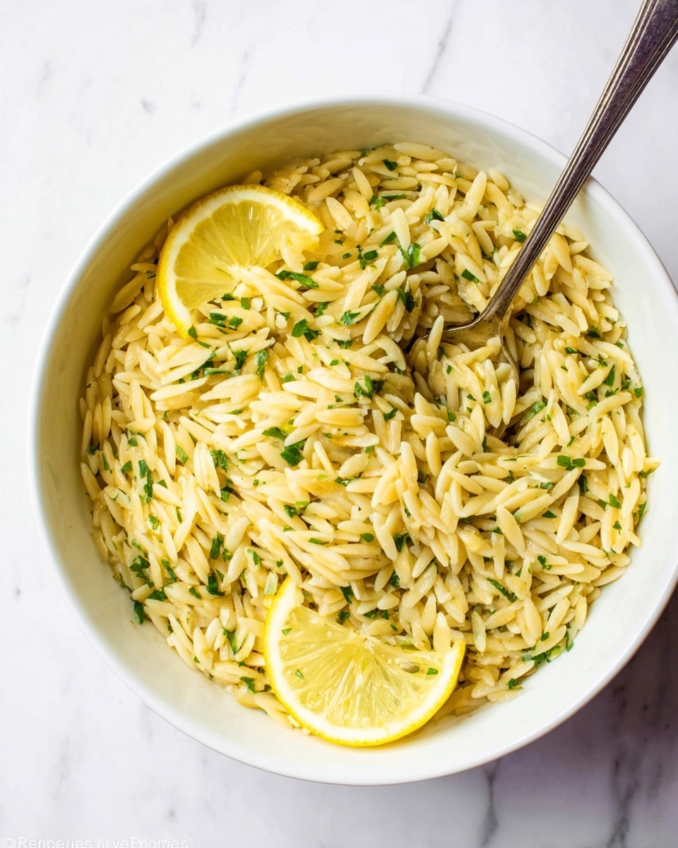 A white bowl filled with cooked orzo pasta, which is small and rice-shaped, with a light yellow color. The orzo is mixed with small bits of green herbs scattered evenly throughout, giving a fresh look. On top of the orzo, there are two thin lemon slices with their bright yellow peel and translucent light-yellow flesh, placed on one side of the bowl. A silver spoon is partially inserted into the orzo under the lemon slices. The bowl is set on a surface with a white marbled texture. Photo taken with an iphone --ar 4:5 --v 7