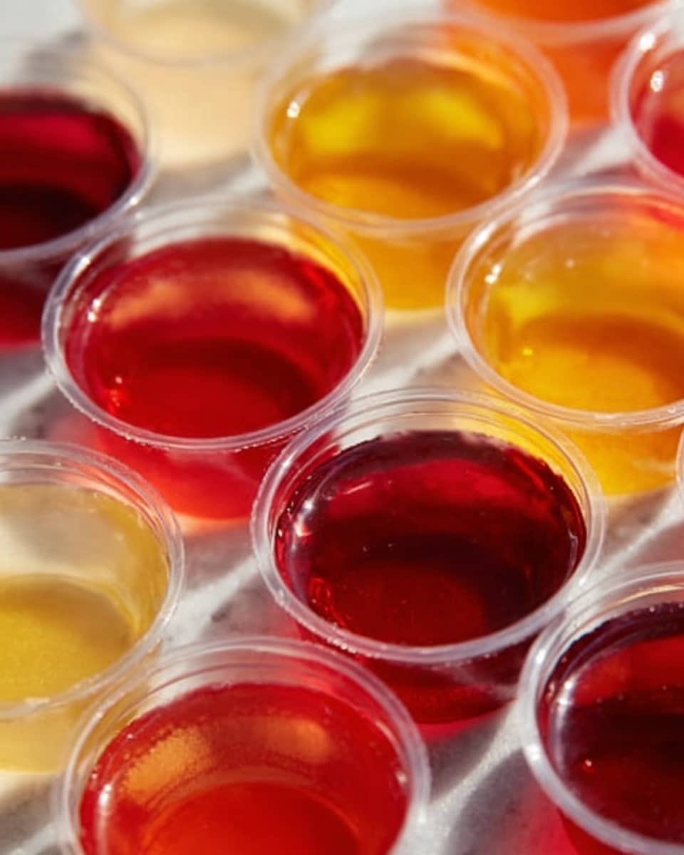A close-up view of several small round containers filled with different colored liquids, arranged in a grid. The liquids have smooth, shiny surfaces and come in vibrant shades of red, yellow, and orange. Each container is transparent, showing the clear, glossy texture of the liquids inside. The scene is set on a white marbled surface, highlighting the bright colors of the liquids. Photo taken with an iphone --ar 4:5 --v 7