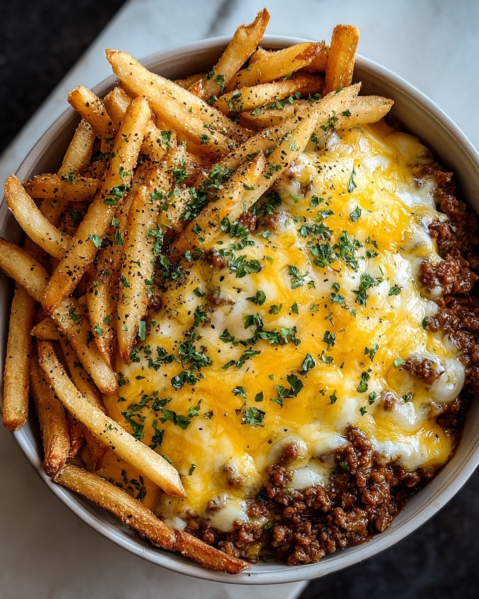 A close-up top view of a round white bowl filled with a layered dish starting with a base of cooked ground beef mixed with sauce, topped with melted yellow and white cheddar cheese that is gooey and slightly browned. Resting on the cheese is a generous layer of golden brown French fries sprinkled with finely chopped green herbs and a dusting of black pepper. The bowl sits on a white marbled surface. photo taken with an iphone --ar 4:5 --v 7