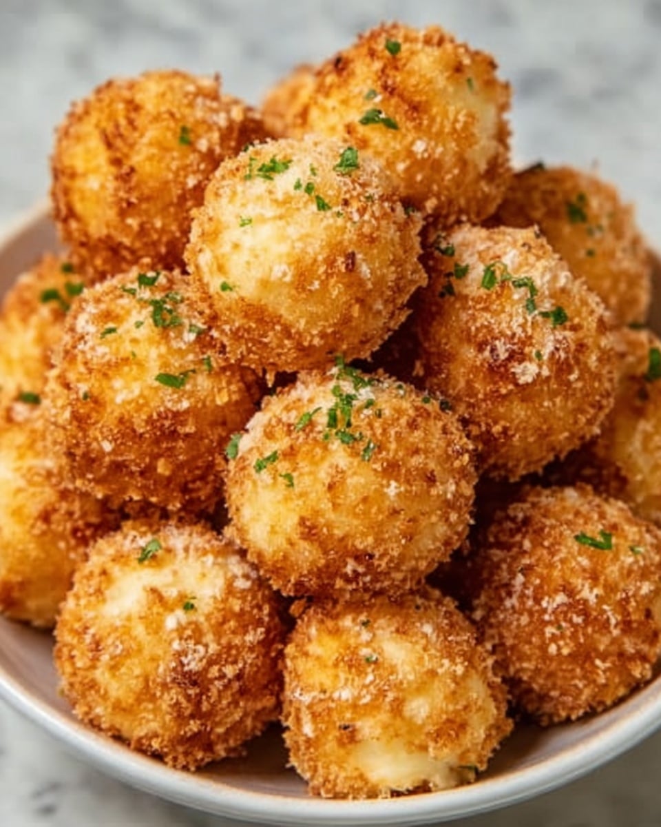 The image shows a white bowl filled with round golden brown cheese balls. The balls have a crunchy and crispy texture from a crispy breadcrumb coating. There are about a dozen cheese balls stacked closely together, with some sprinkled with a little green herb. The background is a white marbled surface, giving a clean and bright look. Photo taken with an iphone --ar 4:5 --v 7