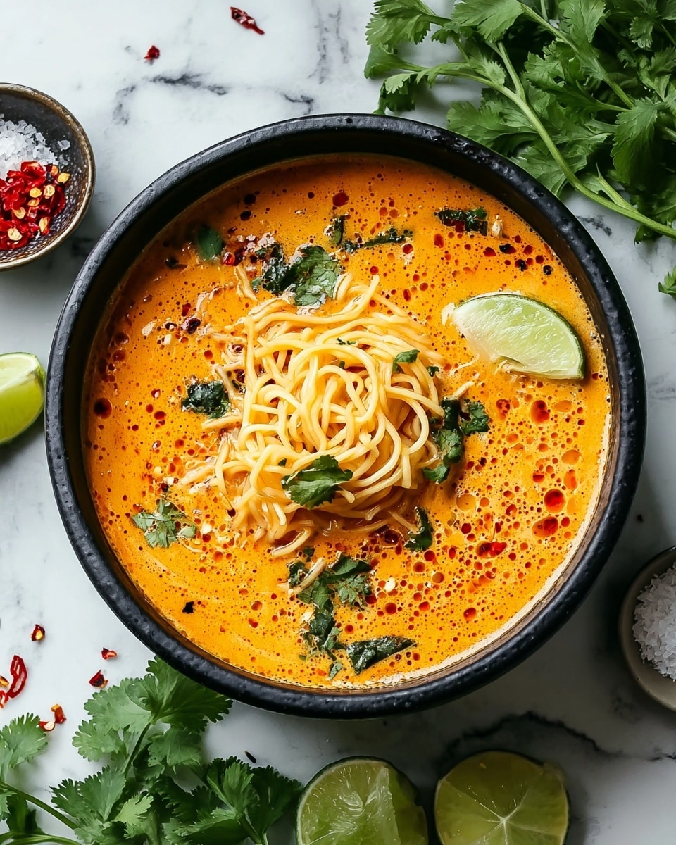 A black bowl filled with bright orange creamy soup, topped with a nest of light yellow noodles in the center. The soup has visible small bubbles and oil droplets on the surface with scattered dark green cilantro leaves and some red chili flakes sprinkled on the noodles and soup. A wedge of lime rests on the right side, partially submerged in the soup. The bowl sits on a white marbled surface with fresh green cilantro sprigs and a halved lime placed around it, along with a small bowl containing coarse salt and red chili flakes. Photo taken with an iphone --ar 4:5 --v 7