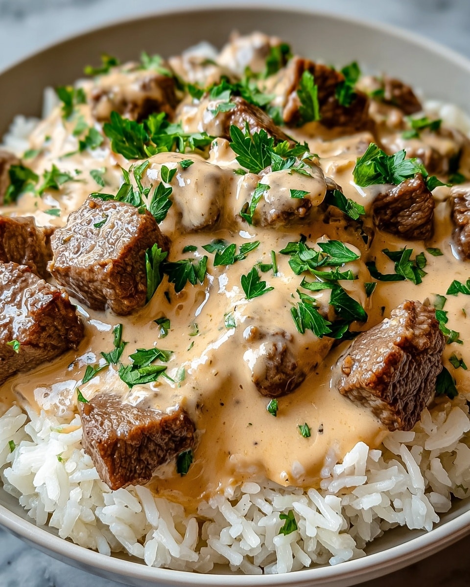 A close-up view of a dish showing three layers: the bottom layer is white rice with a soft, fluffy texture; the middle layer consists of browned beef chunks that have a slightly crispy outer texture, scattered evenly across the rice; the top layer is a creamy, beige sauce generously poured over the beef and rice, with fresh green parsley leaves sprinkled on top for color contrast. The dish is served in a white bowl resting on a white marbled surface. Photo taken with an iphone --ar 4:5 --v 7