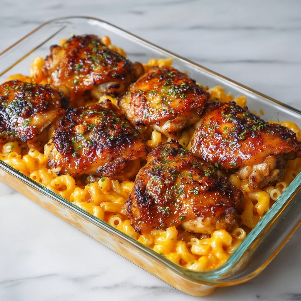 A clear glass container holds a meal with two layers. The bottom layer is a creamy, pale yellow macaroni and cheese with small pasta tubes, smooth texture, and topped with finely chopped green herbs. The top layer consists of several pieces of grilled or baked chicken, golden brown with char marks and a slightly crispy skin, also sprinkled lightly with green herbs. The container sits on a white marbled surface. photo taken with an iphone --ar 4:5 --v 7