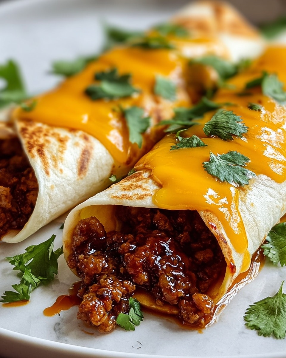 Two soft white tortillas are rolled and placed side by side on a white plate with a white marbled texture. Each tortilla is filled with a juicy, minced brown meat mixture glistening with a dark sauce, visible at the open end of the closest tortilla. On top of the tortillas, bright orange melted cheddar cheese is evenly drizzled, with a smooth, gooey texture that drips slightly over the edges. Fresh green cilantro leaves are scattered over the cheese and around the plate, adding a fresh color contrast. The overall look is warm and inviting, with a close-up view emphasizing the textures of the meat, cheese, and cilantro. photo taken with an iphone --ar 4:5 --v 7