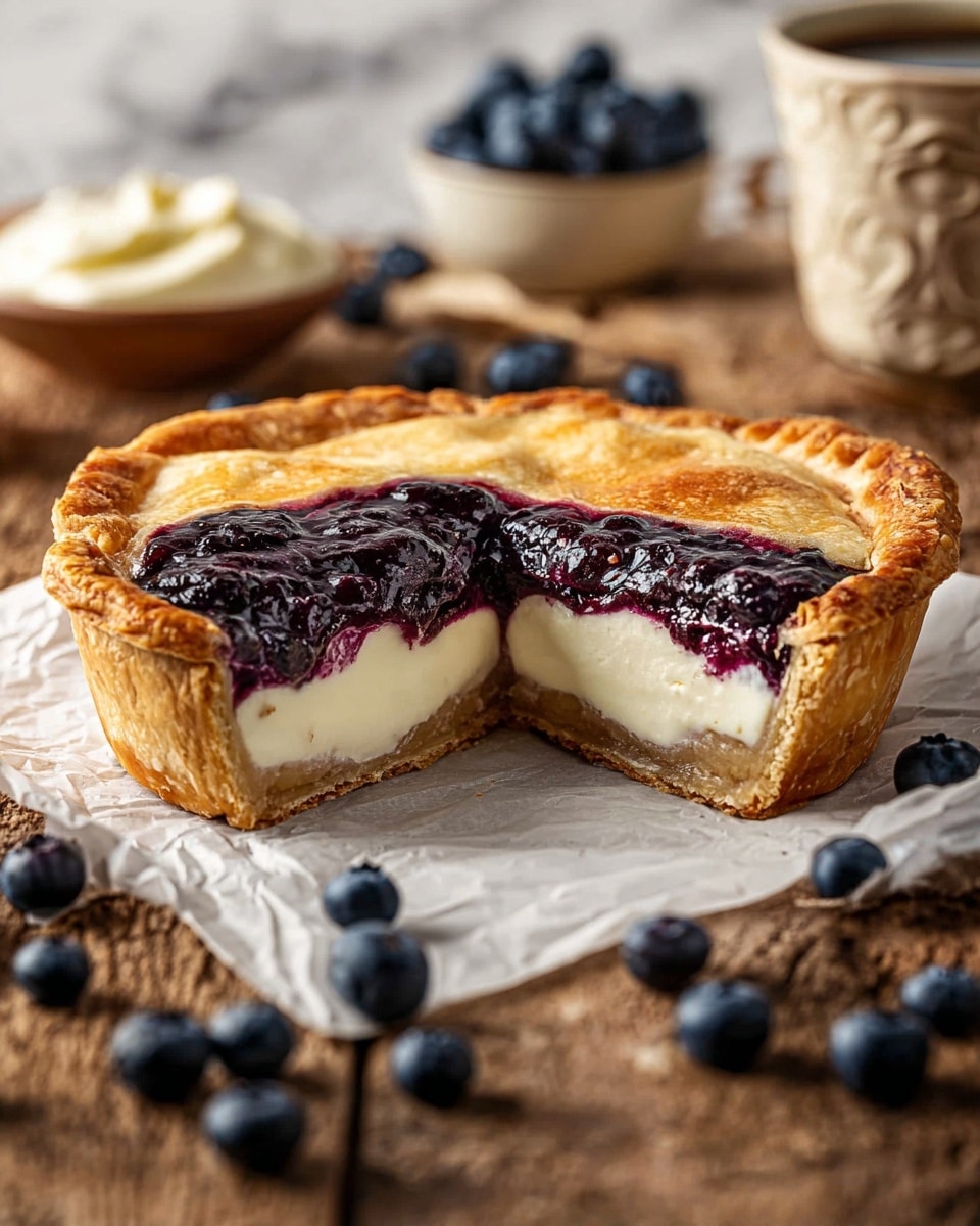 A round pie sliced in half sits on white parchment paper over a rustic wooden surface, showing three visible layers: a bottom golden-brown flaky crust, a thick middle layer of creamy white filling, and a top layer of glossy dark purple blueberry filling covered by a golden, slightly puffy crust with a textured edge. Scattered fresh blueberries surround the pie, with a white bowl of cream and an ornate beige and white cup blurred in the background on a white marbled surface. photo taken with an iphone --ar 4:5 --v 7