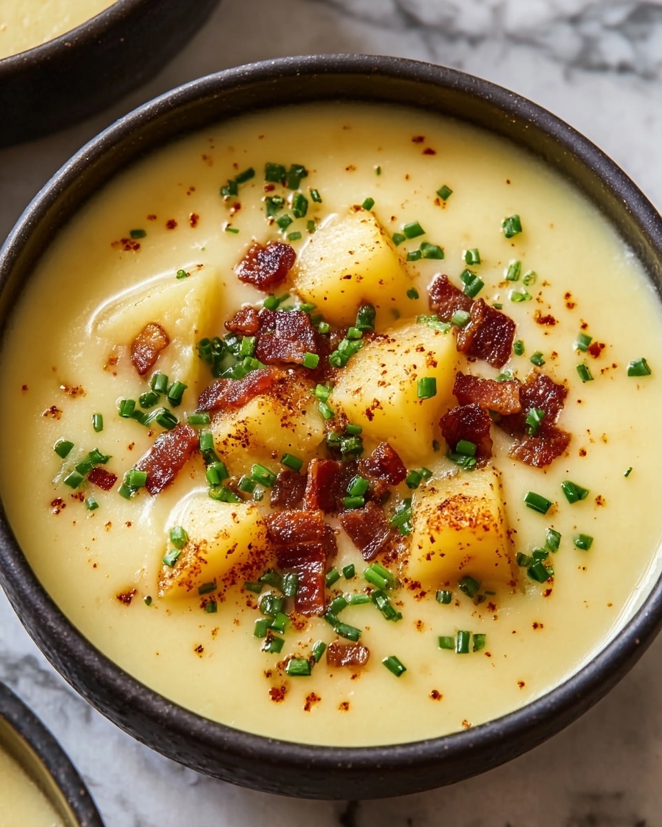A creamy yellow soup fills a dark bowl sitting on a white marbled surface, topped with soft yellow potato chunks arranged in the center, sprinkled with small pieces of crisp brown bacon and bright green chopped chives scattered evenly over the top, with a few specks of black pepper and red spice sprinkled lightly on the smooth soup surface. photo taken with an iphone --ar 4:5 --v 7