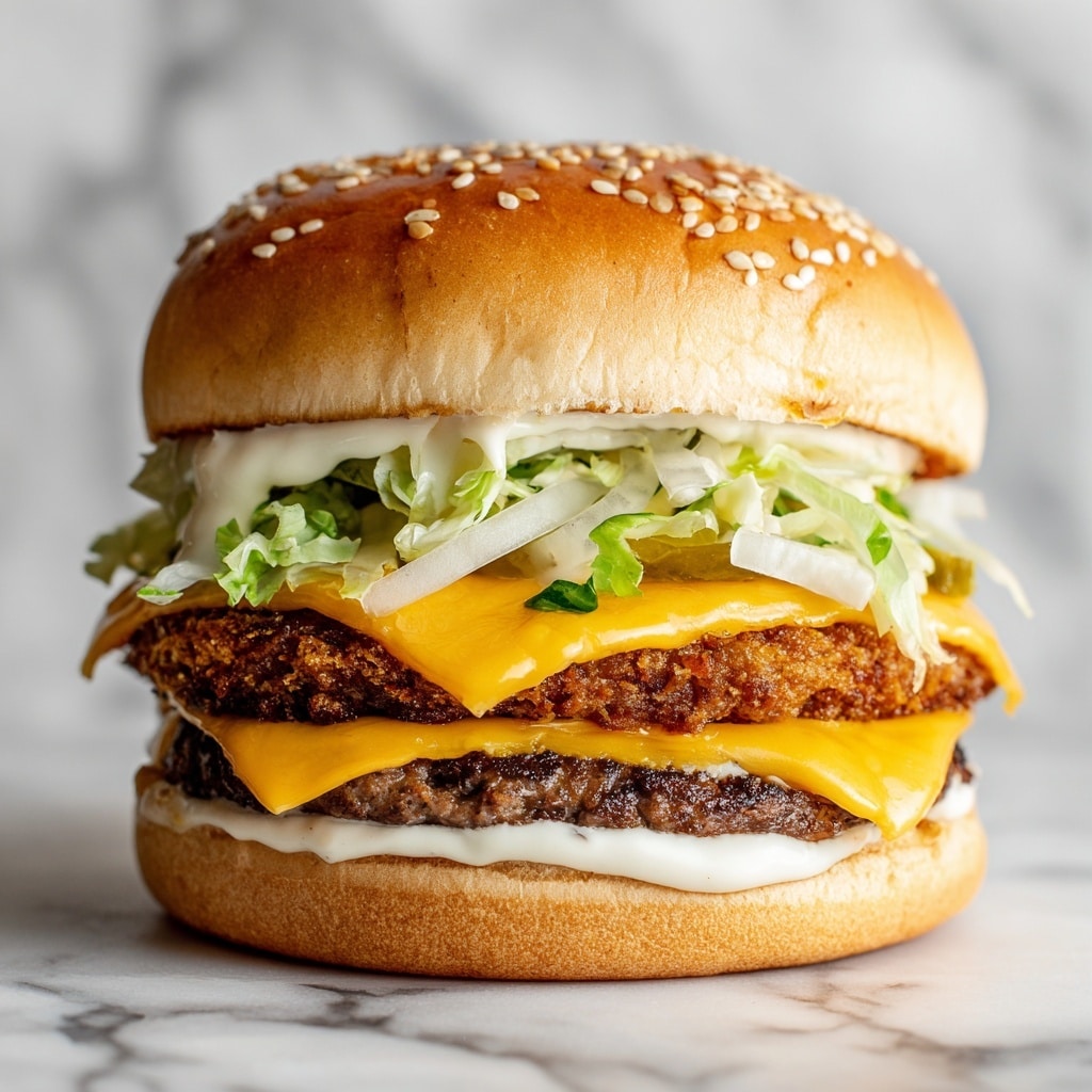 A close-up view of a burger with a sesame seed white bun on top, showing layers from top to bottom: light green shredded lettuce, thin white onion slices, creamy white sauce, a crispy golden chicken patty, two thin, well-cooked dark brown beef patties with melted bright orange cheese between them, all resting on a soft white bottom bun. The background is a white marbled texture. photo taken with an iphone --ar 4:5 --v 7
