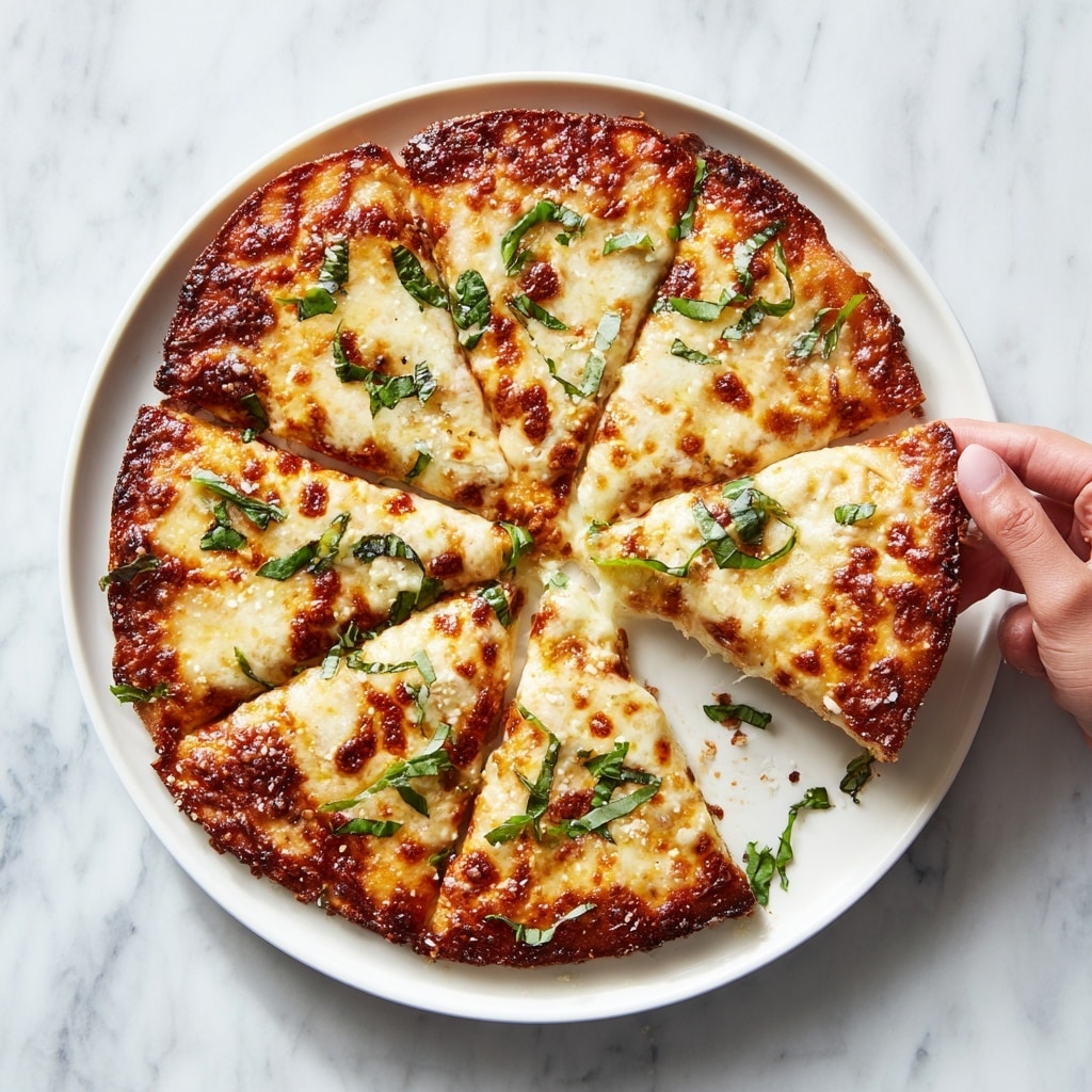 A round pizza with a golden-brown crust is cut into eight slices and topped with melted cheese that has a light, bubbly texture and scattered green basil leaves. The pizza sits on a white plate which is on a white marbled surface. A woman's hand is lifting one slice slightly out from the circle, showing the gooey cheese stretching a bit. Small basil leaves and crumbs are sprinkled around the plate for decoration. photo taken with an iphone --ar 4:5 --v 7
