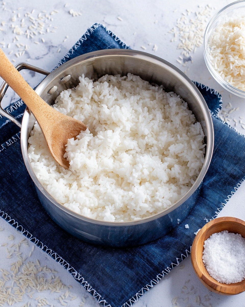 A shiny silver pot filled with soft, fluffy white rice with small, separate grains is shown, with a wooden spoon resting inside it. The pot sits on a dark blue cloth with a stitched edge on a white marbled surface, scattered with some rice grains. In the background to the right, there is a small clear glass bowl filled with uncooked rice and a small round wooden bowl with white salt. The overall scene is bright and clean. photo taken with an iphone --ar 4:5 --v 7