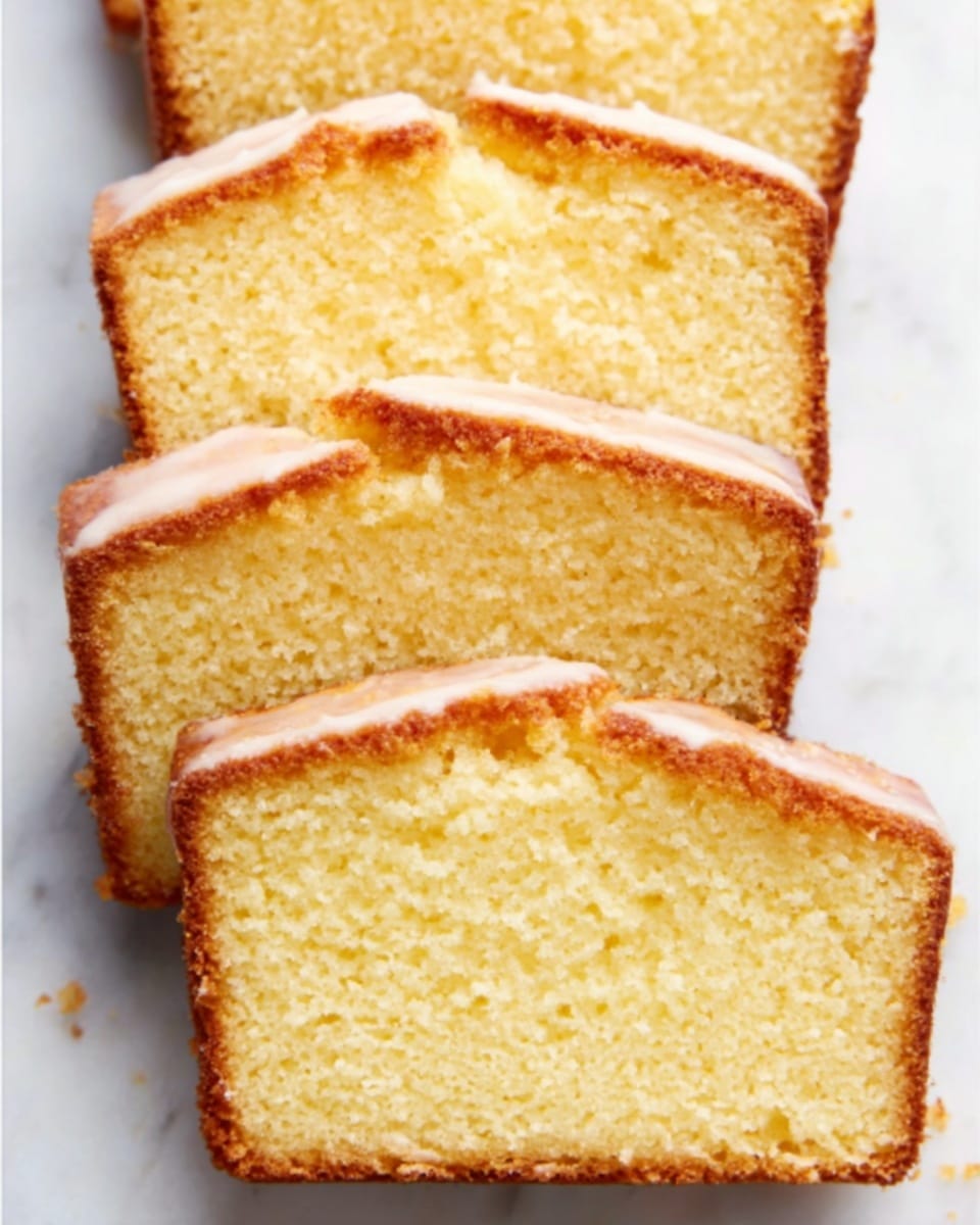 The image shows six slices of a simple loaf cake arranged on a white marbled surface. Each slice is a light golden brown color on the crust with a soft, pale yellow inside texture that looks moist and fluffy. The cake slices are cut evenly, with smooth tops and slightly crumbly edges. There are no toppings or decorations on the slices, and the focus is on the plain, homemade look of the cake. Photo taken with an iphone --ar 4:5 --v 7