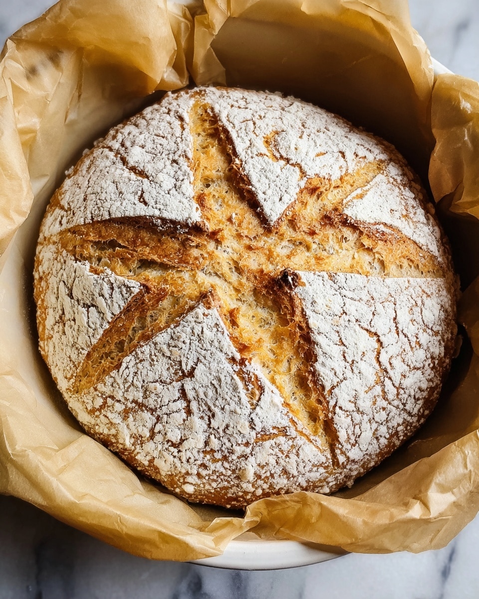 A round loaf of bread sits in a white bowl lined with crinkled parchment paper. The bread has a golden brown crust with a thick white flour dusting on top. It is scored with a deep cross pattern that splits the bread into four large triangular sections. The texture of the crust looks crisp and rustic, with cracked lines revealing a softer interior. The bowl is set on a white marbled surface. photo taken with an iphone --ar 4:5 --v 7