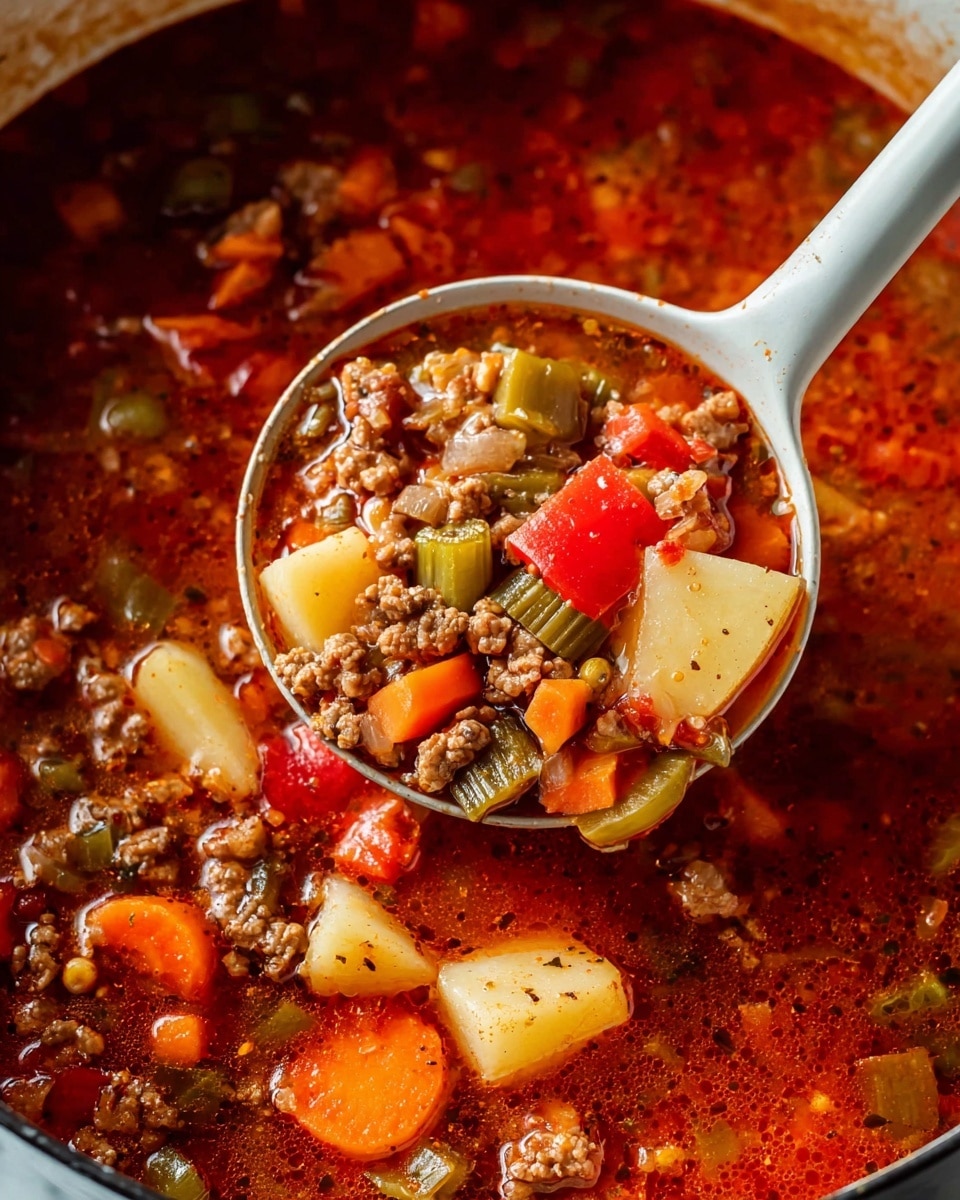 The image shows a thick soup filled with multiple layers of ingredients in a rich red broth. Visible layers include small chunks of golden yellow potatoes, bright orange carrot slices, green celery pieces, and crumbled brown ground meat scattered throughout. There are also bits of red bell pepper and tomato adding to the texture and color variety. A white ladle is lifting a scoop of the soup, showing a concentrated mix of these colorful ingredients against the glossy red background of broth with visible seasonings. The overall look is hearty and vibrant, set on a white marbled surface. Photo taken with an iphone --ar 4:5 --v 7