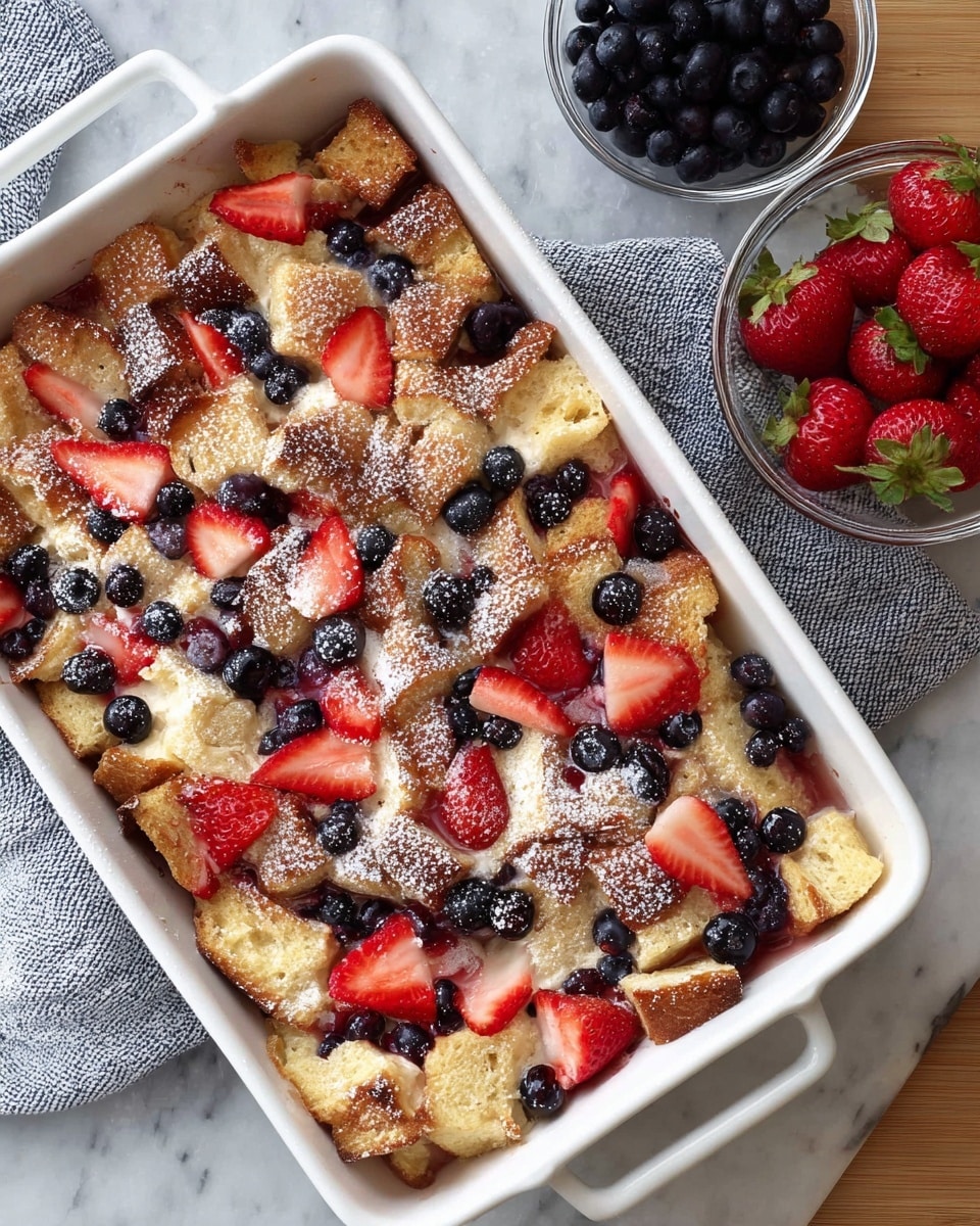 The image shows a white rectangular baking dish filled with a bread pudding topped with sliced red strawberries and whole dark blueberries scattered evenly across the golden-brown pieces of bread. The bread looks soft and slightly toasted with a light dusting of powdered sugar, adding a soft white texture on top. To the side, there are two clear glass bowls, one filled with fresh dark blueberries and the other with whole red strawberries with green leaves visible. The dish and bowls rest on a white marbled surface with a light gray, textured cloth partially underneath the baking dish. photo taken with an iphone --ar 4:5 --v 7