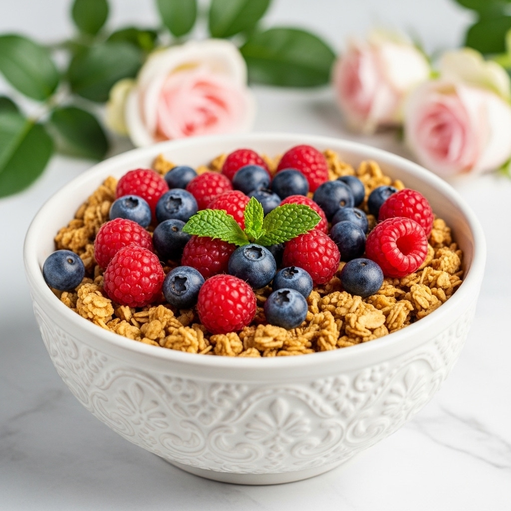 A white bowl with detailed carved designs holds granola topped with fresh raspberries and blueberries, with a small sprig of fresh mint leaves placed in the center for decoration. The granola layer is golden brown, crunchy, and fills most of the bowl. The berries add vibrant red and deep blue colors scattered evenly on top. The bowl rests on a white marbled surface with a soft, blurred background featuring pale pink roses and green leaves. The photo taken with an iphone --ar 4:5 --v 7