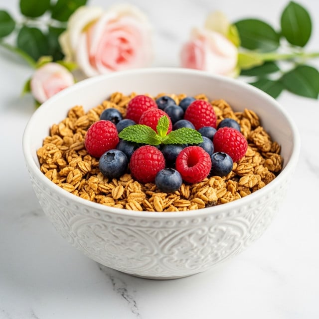 A white bowl with carved patterns is filled with a layered breakfast dish. The bottom layer shows creamy yogurt, topped with golden crunchy granola. On top of the granola, there are fresh blueberries, red raspberries, and a few mint leaves placed in the center. The bowl sits on a white marbled surface with soft pink roses blurred in the background. A woman's hand is gently touching the bowl on the left side. Photo taken with an iphone --ar 4:5 --v 7