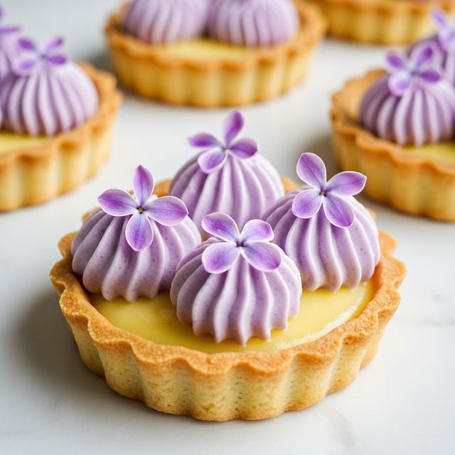 The image shows a small tart with a crumbly golden crust as the base. Inside, there is a smooth yellow filling that looks shiny and soft. On top, there are four swirls of light purple cream, each decorated with small, delicate purple edible leaves placed around and on each swirl. The tart is placed on a white marbled textured surface with more tarts blurred in the background. photo taken with an iphone --ar 4:5 --v 7