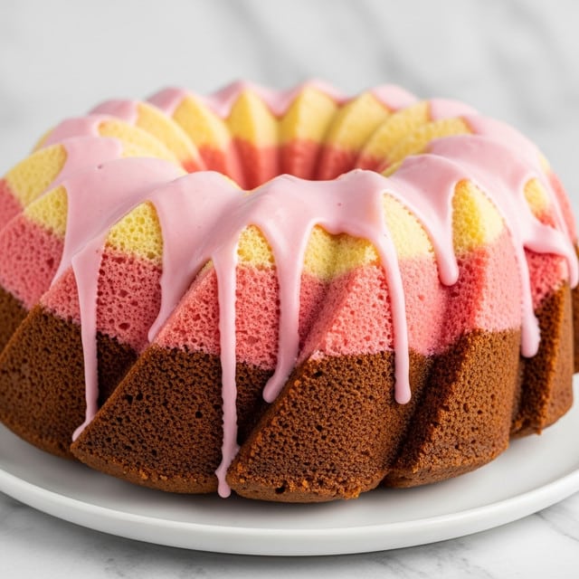 The image shows a close-up of a bundt cake with three visible layers arranged in a spiral pattern, starting from the bottom: a light brown base, a pink middle layer, and a pale yellow top layer. Thick pink icing drips evenly over the rounded ridges of the cake, creating glossy, smooth waves that cascade down its sides. The cake stands on a white plate, set against a white marbled texture background. The cake surface looks soft and moist, with a light sponge texture visible in each colored section. photo taken with an iphone --ar 4:5 --v 7
