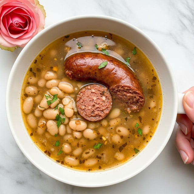 A close-up view of a white bowl filled with a thick soup that has white beans and pieces of sliced brown sausage floating on top. The soup looks creamy with a light brown color and some herbs scattered throughout. The bowl is placed on a white marbled surface with a soft focus on a pink rose nearby, adding a gentle color contrast. A woman's hand is seen holding the bowl from the side. Photo taken with an iphone --ar 4:5 --v 7