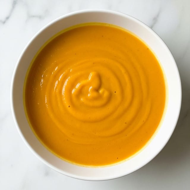 A white bowl filled with smooth, creamy soup that is bright orange in color with a slight swirl pattern on the surface. The bowl is placed on a white marbled texture surface, creating a clean and fresh look. The soup has a thick, velvety texture without any visible chunks or toppings. photo taken with an iphone --ar 4:5 --v 7