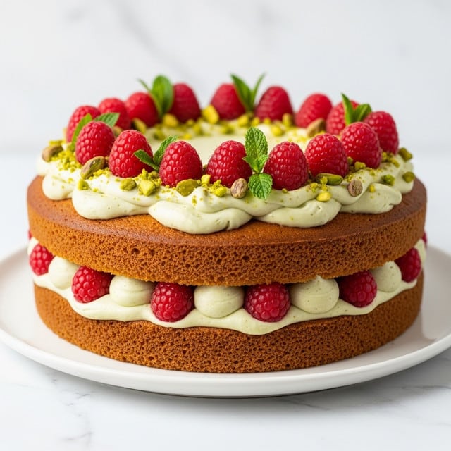 A two-layer round cake with light brown sponge layers and thick green cream between and on top. The top layer is decorated with whole red raspberries, chopped green pistachios, and fresh green mint leaves scattered on the cream. The cake sits on a white plate on a white marbled surface with a plain white wall in the background. photo taken with an iphone --ar 4:5 --v 7