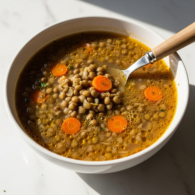 A white bowl filled with a thick lentil soup that has a mix of greenish-brown lentils and small orange carrot pieces floating on top. The soup looks warm and hearty, with a smooth broth that has tiny bubbles and bits of herbs visible. A spoon with a wooden handle sits inside the bowl, partially submerged in the soup. The bowl is placed on a white marbled surface with soft natural light coming from the side. Photo taken with an iphone --ar 4:5 --v 7
