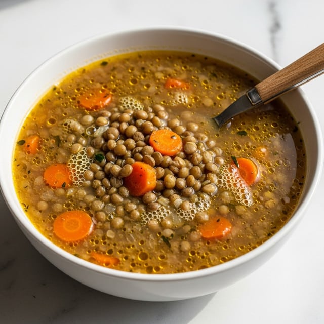 A white bowl filled with a thick lentil soup showing many small cooked lentils mixed with small diced orange carrots, all floating in a rich brown broth. A spoon is resting inside the bowl, slightly tilted to the right. The bowl is placed on a white marbled surface with soft natural light coming from the left side, creating gentle shadows. The soup looks warm and hearty with a smooth texture on top. Photo taken with an iphone --ar 4:5 --v 7