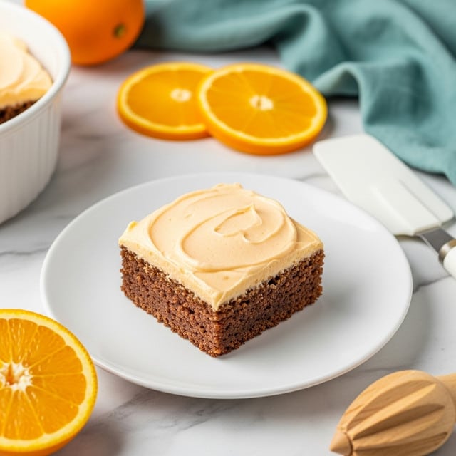 A square piece of orange cake sits on a white plate, topped with a thick, creamy off-white frosting that has tiny orange specks visible throughout. Behind the cake, there are four round orange slices arranged in a slight arc on the plate. The plate rests on a white marbled surface, with a teal cloth napkin and a white dish filled with whole oranges blurred in the background. In the foreground, part of a white-handled cake server and a wooden juicer are visible, adding to the scene’s fresh and clean feel. photo taken with an iphone --ar 4:5 --v 7