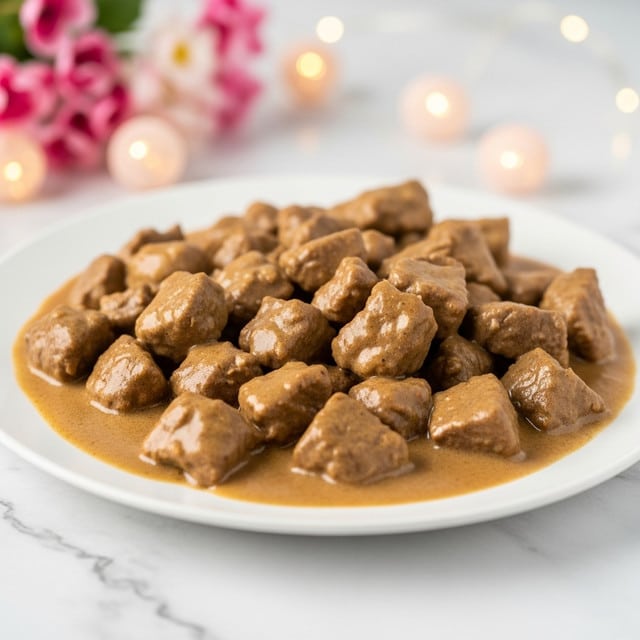 The image shows a white round plate filled with a creamy orange-brown stew made of sliced meat pieces covered in thick sauce. The meat chunks are arranged irregularly across the plate, sitting in a pool of smooth, rich sauce that blends seamlessly with the meat. In the background, there are soft-focused pink and white flowers along with small glowing yellow lights, adding a warm, cozy feeling to the scene. The plate is placed on a white marbled surface. photo taken with an iphone --ar 4:5 --v 7