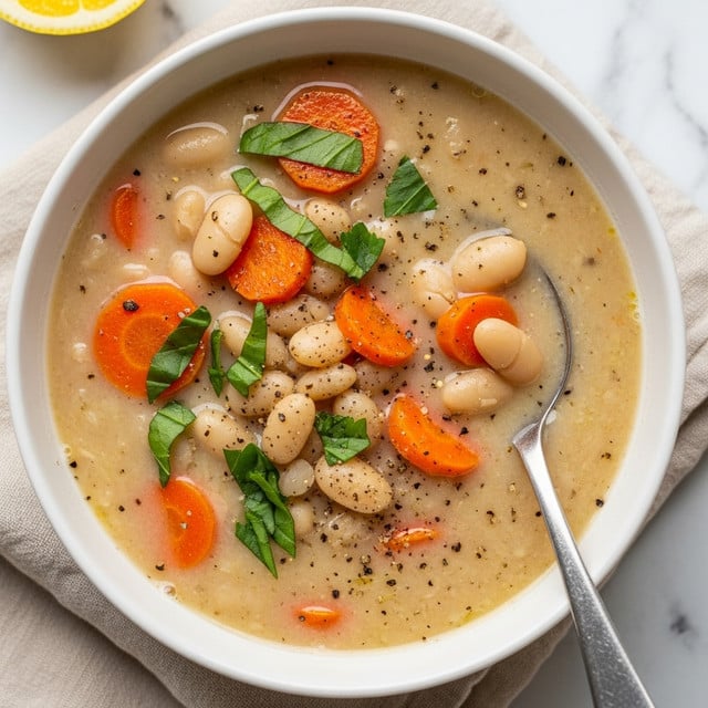A close-up top view of a white bowl filled with creamy white bean soup, showing small white beans and round orange carrot slices scattered throughout. Finely chopped green herbs are mixed in with the soup, and a light creamy broth surrounds all the ingredients. There are small black pepper specks sprinkled on top, and a metallic spoon is partially dipped into the soup on the right side. The bowl sits on a folded grey cloth on a white marbled surface, with a slice of lemon visible in the top left corner. Photo taken with an iphone --ar 4:5 --v 7