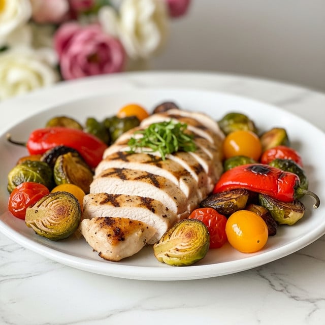 A cooked chicken breast sliced into thick pieces sits in the middle of a white plate, resting on top of roasted vegetables including halved yellow tomatoes, Brussels sprouts, and dark red carrots. The chicken has a golden-brown grilled texture with visible grill marks and some herbs on top. Around the chicken, the vegetables show a mix of bright yellows and caramelized charred edges, adding a contrast of colors. In the background, there is a blurry glass vase filled with pink and cream roses. The plate is placed on a white marbled surface. Photo taken with an iphone --ar 4:5 --v 7