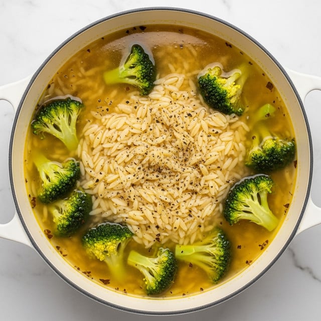 A close-up view of a pot filled with clear broth soup containing small, pale yellow orzo pasta and bright green broccoli florets. The soup surface shows a light sprinkling of black pepper and herbs floating on top, giving a slightly oily, shiny texture. The pot is dark green with a white marbled surface underneath. Photo taken with an iphone --ar 4:5 --v 7