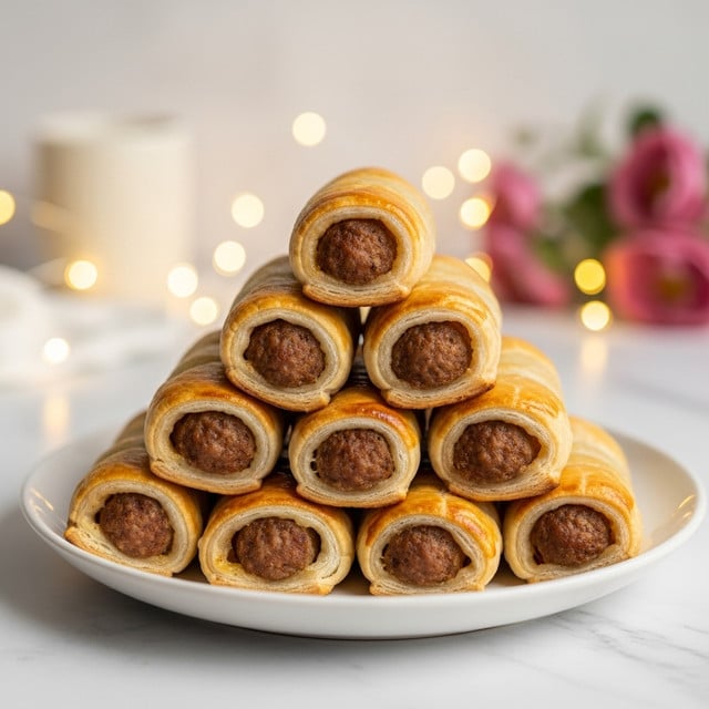 The image shows a white plate stacked with ten golden-brown puff pastry sausage rolls arranged in a pyramid shape. Each roll is crisp and flaky on the outside with visible layers of baked pastry, and the ends reveal a brown meat filling inside. The plate sits on a white marbled surface with soft, out-of-focus string lights glowing warmly in the background along with blurred cream and pink flowers. The overall look is cozy and inviting. Photo taken with an iphone --ar 4:5 --v 7