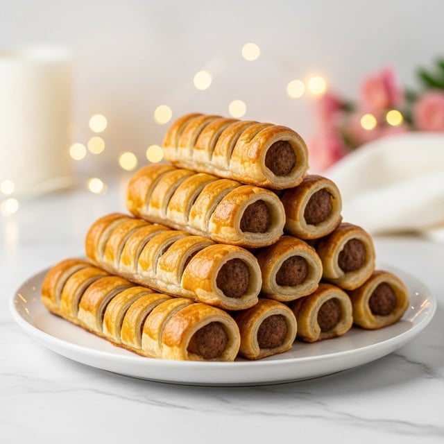 A stack of nine golden-brown sausage rolls arranged in a pyramid on a white plate, each roll showing flaky, crispy layers of puff pastry with a slightly shiny surface. The sausage filling inside glows light brown and peeks out at the ends, giving a warm and tasty look. The plate rests on a white marbled surface with soft, blurred lights and soft pink and white flowers in the background, creating a cozy and inviting scene. photo taken with an iphone --ar 4:5 --v 7