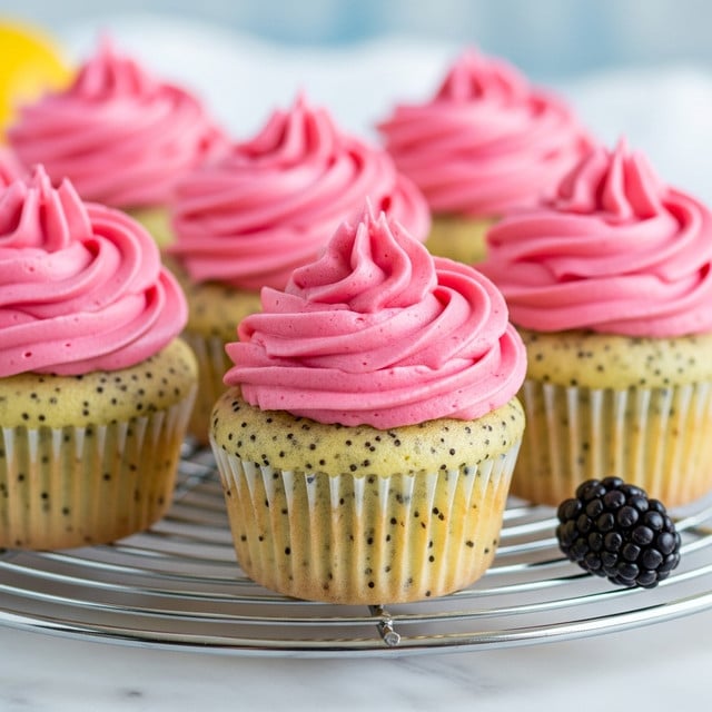 The image shows five cupcakes arranged on a silver wire cooling rack placed over a white marbled surface. Each cupcake has a light yellow base with tiny dark specks, indicating a poppy seed batter, visible through a white paper liner. On top of each cupcake is a generous swirl of smooth, bright magenta frosting with a slightly glossy texture and sharp peaks. In the lower right corner near the rack, there is one plump blackberry adding a dark contrast to the scene. The background is softly blurred with light tones and a hint of pale blue fabric. photo taken with an iphone --ar 4:5 --v 7