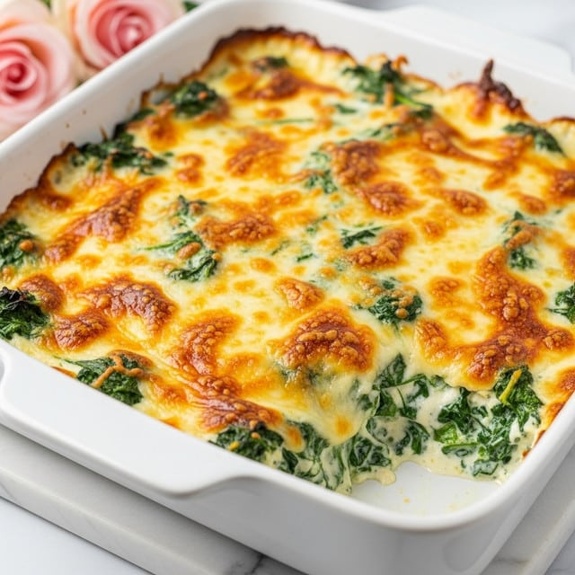 A white ceramic baking dish filled with a creamy spinach and cheese casserole. The top layer is golden brown and bubbly with melted cheese, showing spots of lightly browned edges. Underneath the cheese, you can see bright green spinach leaves mixed with a smooth white creamy sauce, giving a rich texture. The dish is placed on a white marbled surface, with soft light highlighting the glossy surface of the melted cheese. In the background, out of focus, there are light pink roses adding a gentle touch of color. Photo taken with an iphone --ar 4:5 --v 7
