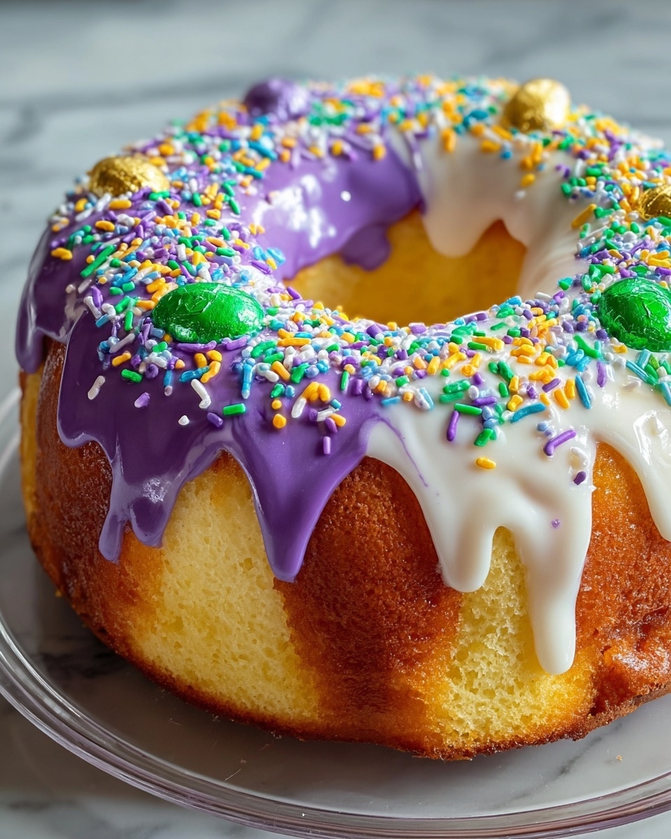 This image shows a round bundt cake with one thick layer, golden yellow inside with a slightly browned outer crust. The cake is topped with two colors of icing, white and purple, in alternating patches cascading down the sides. The icing is decorated with many small colorful round sprinkles and a few larger festive candy pieces resembling green and blue Christmas bulbs with gold tops. The cake sits on a clear glass plate, placed on a white marbled surface. Photo taken with an iphone --ar 4:5 --v 7