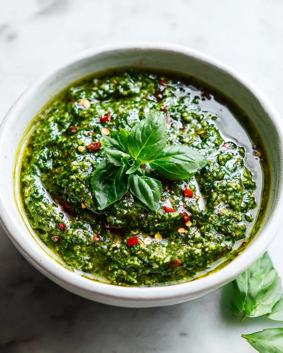 A white speckled bowl filled with a thick green sauce that looks like pesto, textured with finely chopped herbs and small bits of nuts. The surface of the sauce is shiny with a layer of oil, dotted with small red chili flakes. In the center, three bright green basil leaves are placed on top as garnish. The bowl sits on a white marbled surface with some blurred green leaves in the background, creating a fresh and natural look. photo taken with an iphone --ar 4:5 --v 7