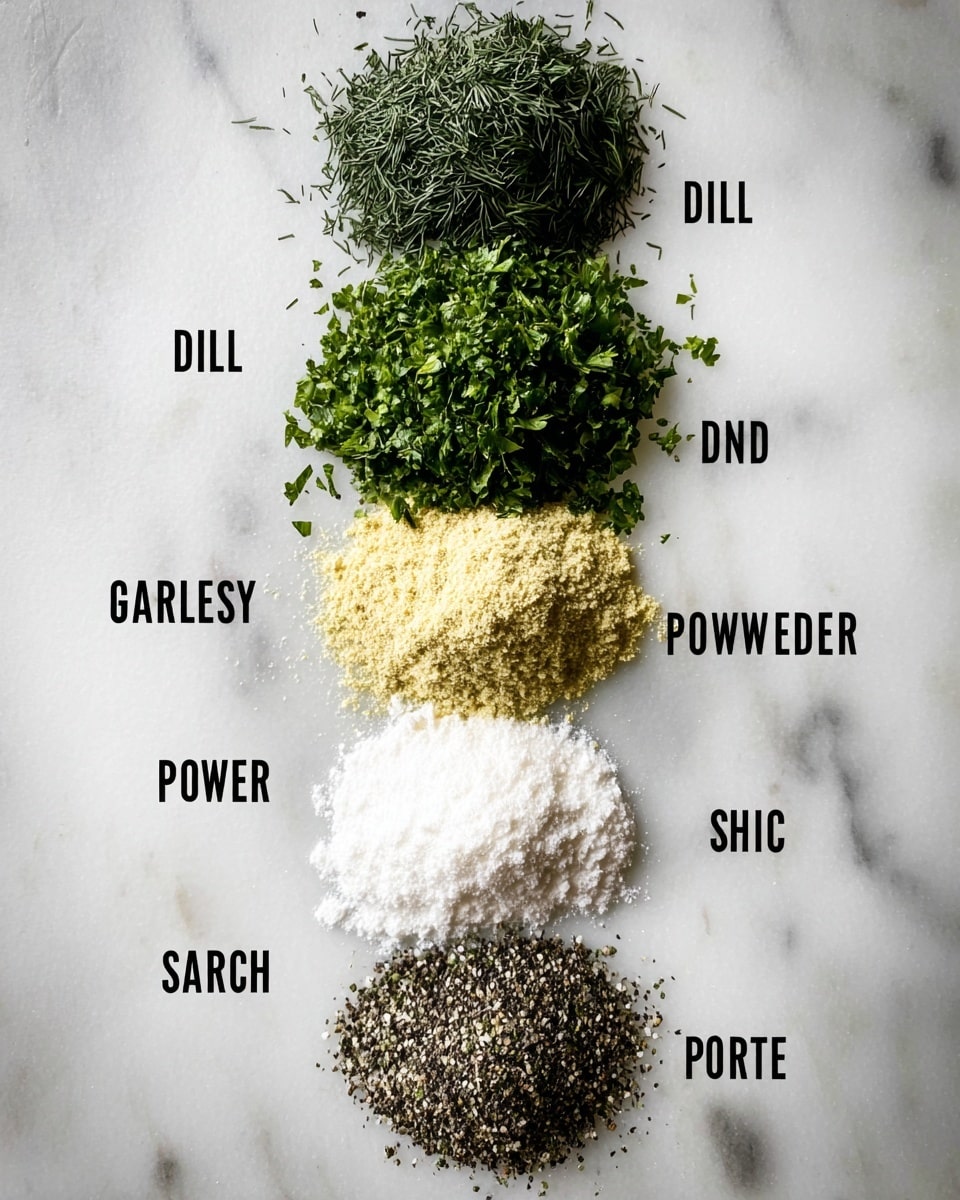 The image shows six piles of spices and herbs stacked vertically on a white marbled surface. At the top is a pile of dried dill, dark green and finely chopped, followed by a bright green layer of chopped fresh parsley. Below that is a pale yellow heap of onion powder, then a light beige pile of garlic powder. Underneath is a coarse layer of black pepper, and at the bottom is a fine white mound of salt. Each pile is about the same size and clearly separated, with black text labeling each ingredient to the right of the stacks. Photo taken with an iphone --ar 4:5 --v 7