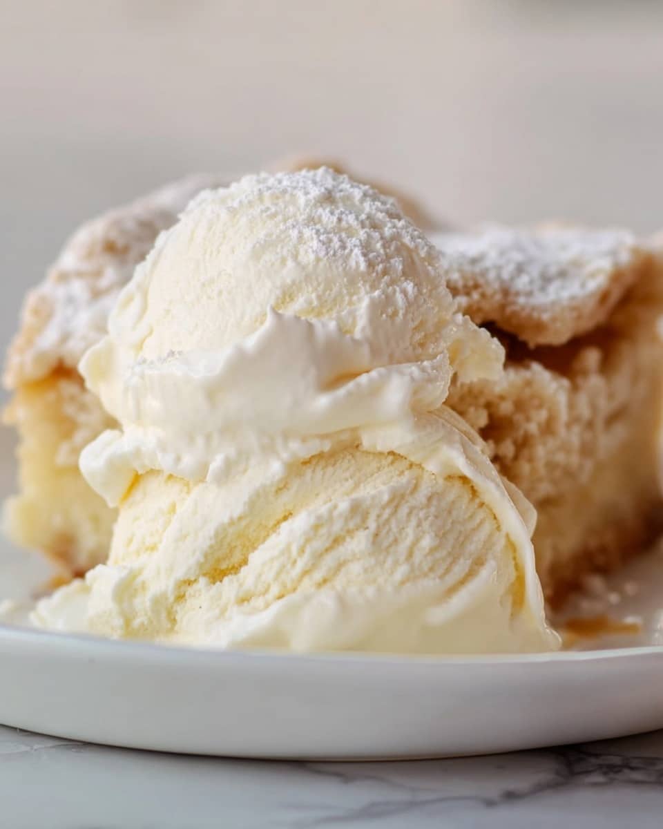 A close-up of a white bowl with a scoop of creamy vanilla ice cream in the foreground, showing smooth and slightly melting texture on top. Behind the ice cream, there is a slice of crumbly pie with a golden-brown crust and a light dusting of powdered sugar. The dessert is set on a white marbled surface, creating a clean and bright background. Photo taken with an iphone --ar 4:5 --v 7