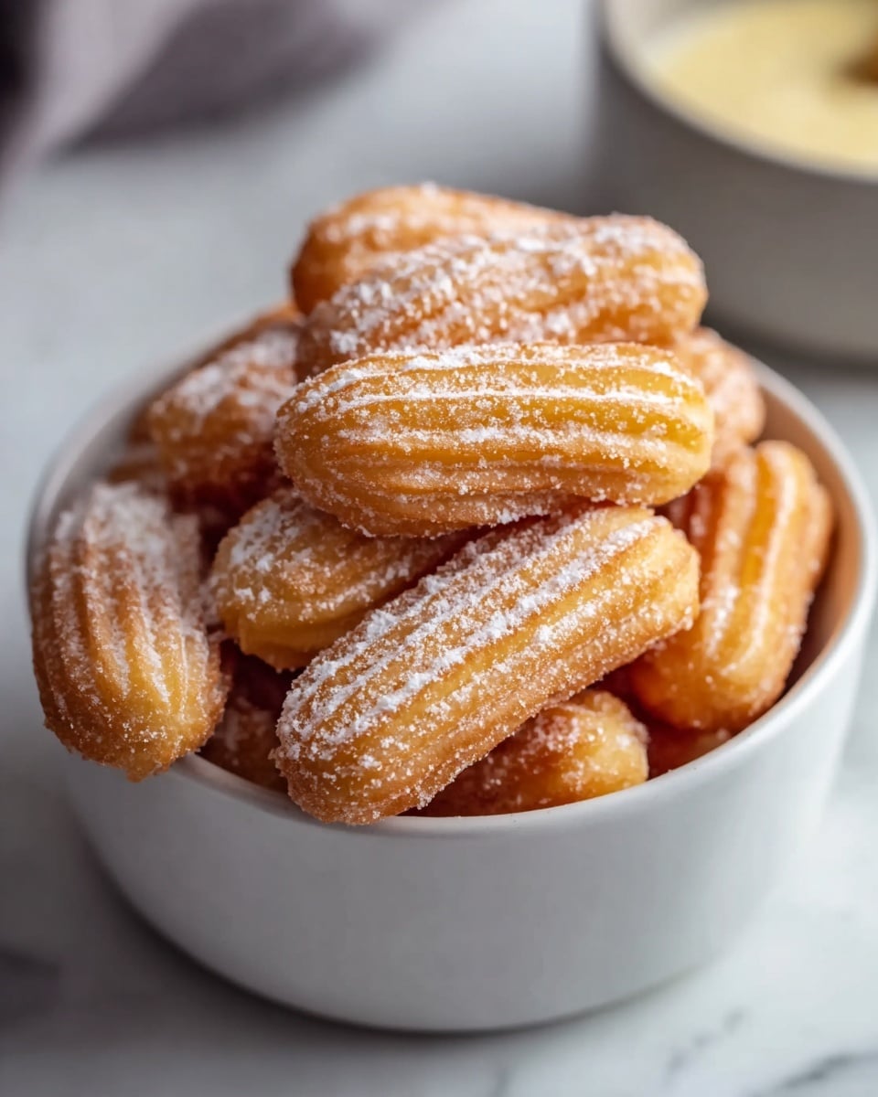 A white bowl filled with mini churros stacked on top of each other, each churro golden brown with ridged texture, coated in a fine layer of granulated sugar giving them a slightly sparkling effect. The churros are small, rounded at the edges, and tightly packed inside the bowl. The background is a smooth white marbled texture with a soft focus, highlighting the churros in the foreground. photo taken with an iphone --ar 4:5 --v 7