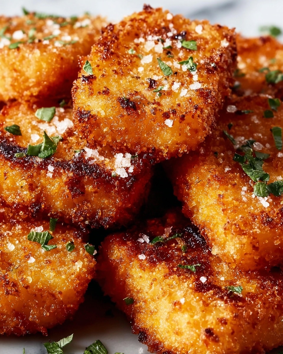 The image shows a close-up of several golden-brown, square-shaped fried pieces stacked on top of each other. Each piece has a crispy, rough texture with small bits of crunchy coating visible. The top layer of each piece has some dark brown to almost black toasted spots, adding a sense of crispiness. Small flakes of coarse salt and finely chopped green herbs are sprinkled on top, enhancing the vibrant colors. The background is softly blurred, emphasizing the crunchy fried pieces in the foreground on a white marbled surface. Photo taken with an iphone --ar 4:5 --v 7