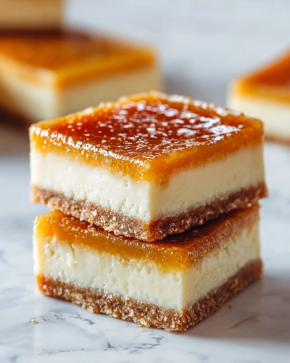 Two square cheesecake bars stacked on top of each other are shown on a white marbled surface. Each bar has three layers: a bottom layer of crumbly brown crust, a thick middle layer of creamy pale yellow cheesecake, and a glossy golden caramelized top layer with a slightly uneven texture. In the background, more cheesecake bars are slightly blurred. There are a few small crumbs around the bars. Photo taken with an iphone --ar 4:5 --v 7