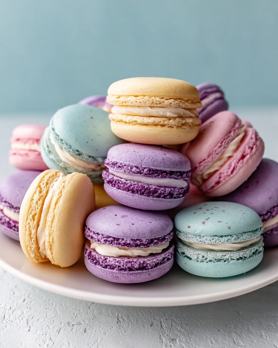 A white plate is filled with two layers of colorful macarons arranged closely together. The bottom layer has soft pink, light blue, and light purple macarons with smooth, rounded tops and white cream filling sandwiched in the middle. The top layer mainly features beige and lavender macarons with the same smooth tops and white cream filling. The macarons have a slightly rough texture on the edges due to their delicate shells. The scene is set against a soft blue background on a white marbled surface, creating a clean and bright setting. Photo taken with an iphone --ar 4:5 --v 7