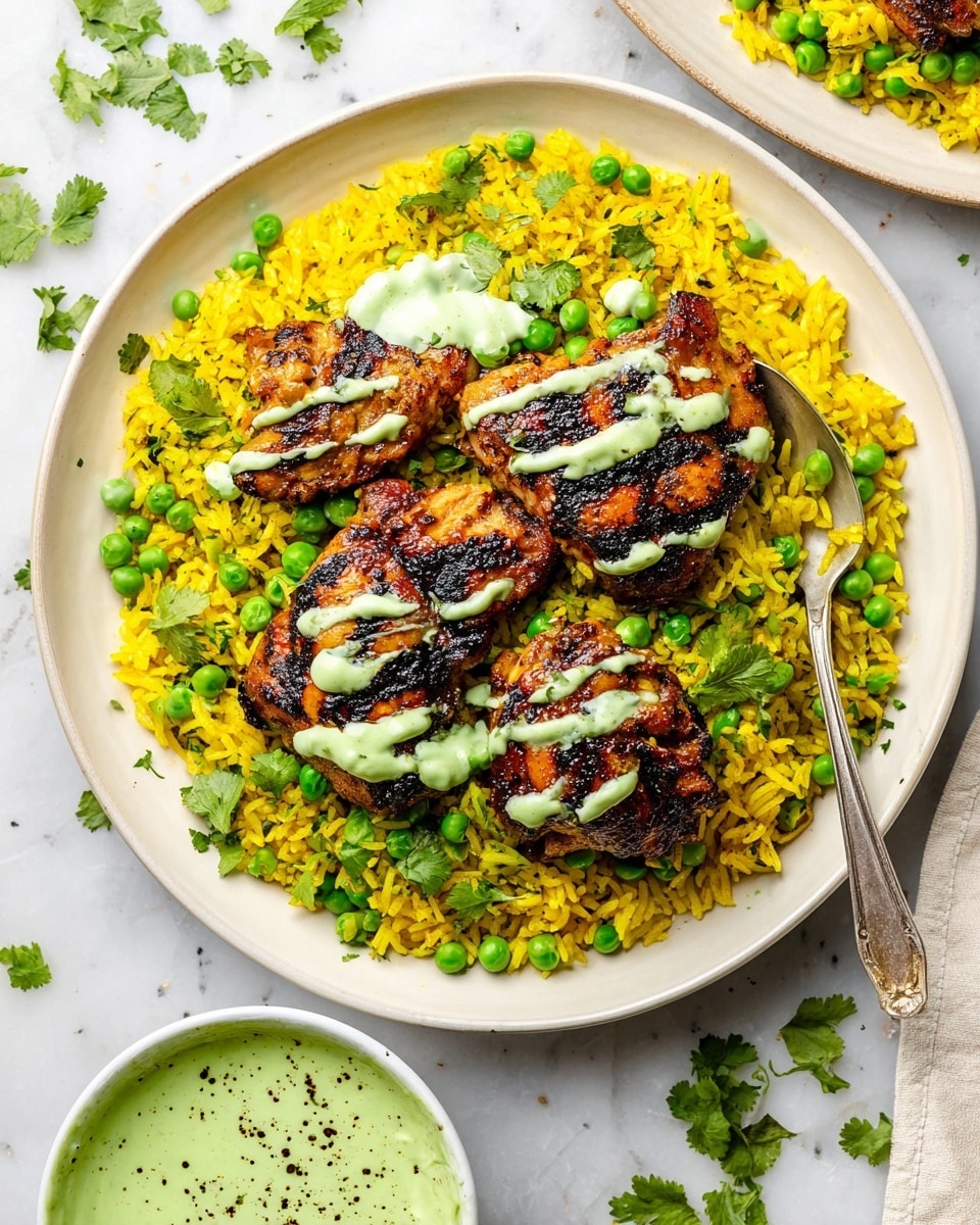 A round white plate holds a base layer of yellow rice mixed with green peas scattered throughout, creating a colorful and textured bed. On top, three pieces of grilled chicken with dark brown char marks are arranged evenly, each coated with a drizzle of light green creamy sauce and sprinkled with small pieces of fresh cilantro. To the side on the plate is a small white bowl filled with the same green sauce, speckled with black pepper. A silver spoon rests on the rice next to the chicken. The dish is set on a white marbled surface with some fresh cilantro leaves scattered around, and a small wooden bowl with more cilantro sits above the plate. Photo taken with an iphone --ar 4:5 --v 7