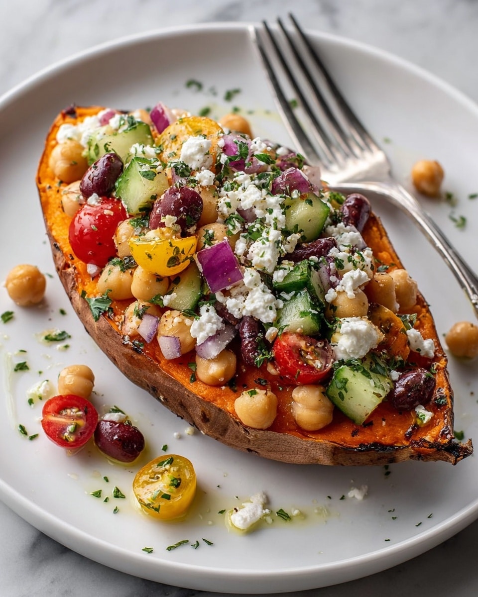 A white plate holds a halved baked sweet potato with a deep orange, soft, and slightly mashed inside layer. On top, there is a colorful mix of chickpeas, dark red kidney beans, diced green cucumber, halved red and yellow cherry tomatoes, and thin rings of purple onion, all sprinkled with crumbled white cheese and finely chopped green herbs. Some of the toppings spill onto the plate, along with small droplets of olive oil and scattered herbs. A silver fork rests beside the sweet potato on the right. The plate is set against a white marbled surface. photo taken with an iphone --ar 4:5 --v 7