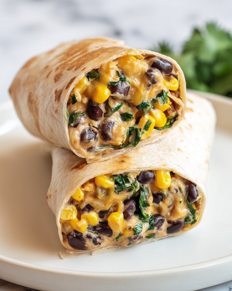 A white plate holds a burrito cut in half and stacked, showing three clear layers inside each half: a soft beige tortilla wrap outside, a middle layer with bright yellow corn kernels mixed with dark black beans, and a top layer of melted orange cheese blended with fresh green spinach and bits of cooked onions, all packed tightly together. The background features a blurred green leafy garnish and a white marbled texture surface. Photo taken with an iphone --ar 4:5 --v 7