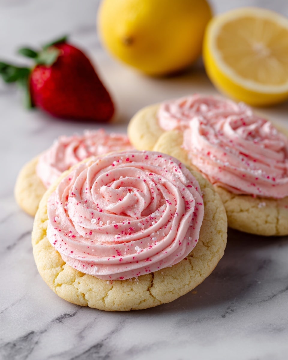 The image shows three round cookies with two clear layers on a white marbled surface. The bottom layer of each cookie is a thick, pale yellow soft dough with visible cracks and a slightly crumbly texture, shaped with a fluted edge. On top is a thick swirl of smooth, light pink frosting with small red specks, giving it a textured, creamy look. The frosting is sprinkled lightly with fine white sugar. To the left of the cookies, there is a fresh red strawberry with green leaves, and to the right, a bright yellow lemon slice adds color contrast. Photo taken with an iphone --ar 4:5 --v 7