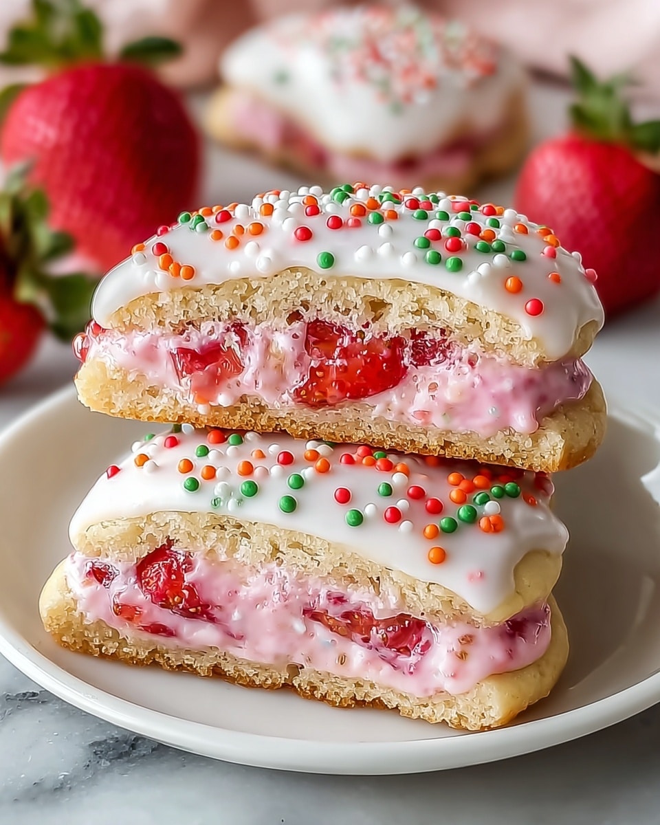 The image shows two strawberry-filled cookies, one stacked partly on top of the other on a white plate with a white marbled surface background. Each cookie has three layers: the bottom layer is a soft, golden-brown cookie base, the middle layer is a smooth pink strawberry cream with pieces of bright red strawberries embedded inside, and the top layer is a glossy white icing draped over the cream. The icing is decorated with small round sprinkles in red, green, white, and yellow, adding texture and color contrast. The overall look is fresh and inviting with the strawberries in the background enhancing the strawberry theme. photo taken with an iphone --ar 4:5 --v 7