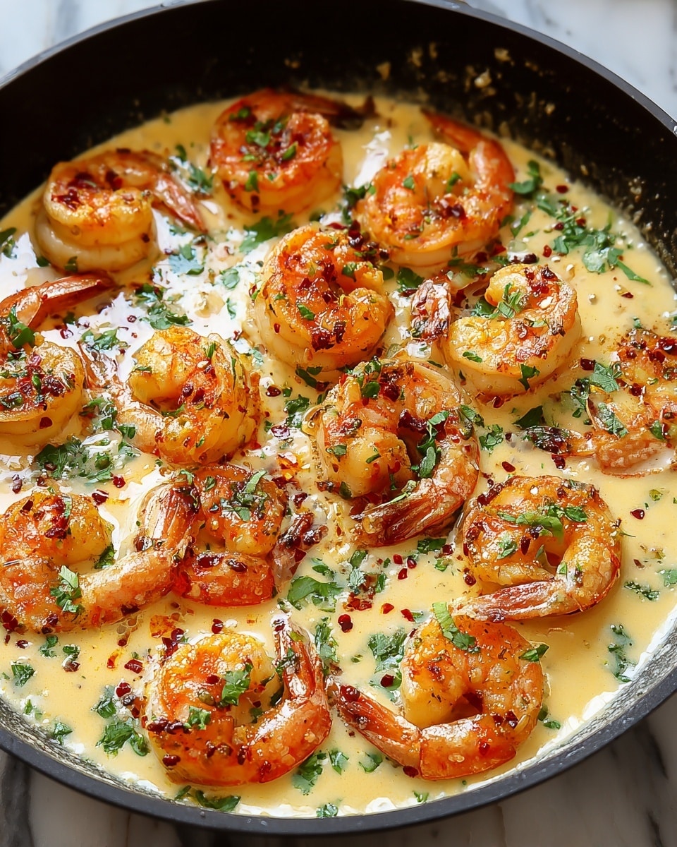 A close-up of a black pan filled with cooked shrimp in a creamy yellow sauce. The shrimp are orange with a slight char and are spread evenly across the pan, each coated with a sprinkle of green herbs and small red spice flakes. The creamy sauce has a smooth texture with green herb bits scattered throughout, creating a rich and fresh look. The pan rests on a white marbled surface with a white cloth partially visible beneath it. photo taken with an iphone --ar 4:5 --v 7