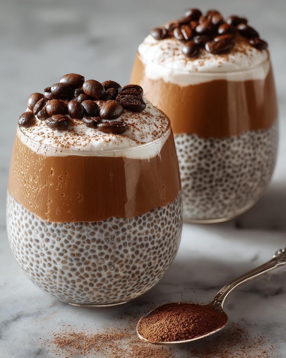 Two clear glasses are filled with three layers of dessert set against a white marbled texture. The bottom layer is white chia pudding with small black seeds visible throughout. Above it is a thick, smooth brown coffee layer that fills about one-third of each glass. On top, there is a dollop of white whipped cream sprinkled with fine cocoa powder and topped with whole dark brown coffee beans. In the foreground, a silver spoon holds a heap of cocoa powder. The photo taken with an iphone --ar 4:5 --v 7